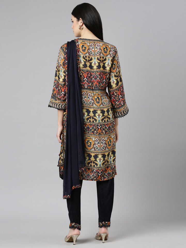 Neerus Multi printed straight kurta set with trouser and dupatta - side view