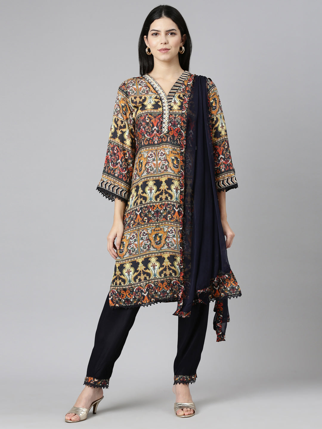 Neerus Multi printed straight kurta set with trouser and dupatta - detail view 2
