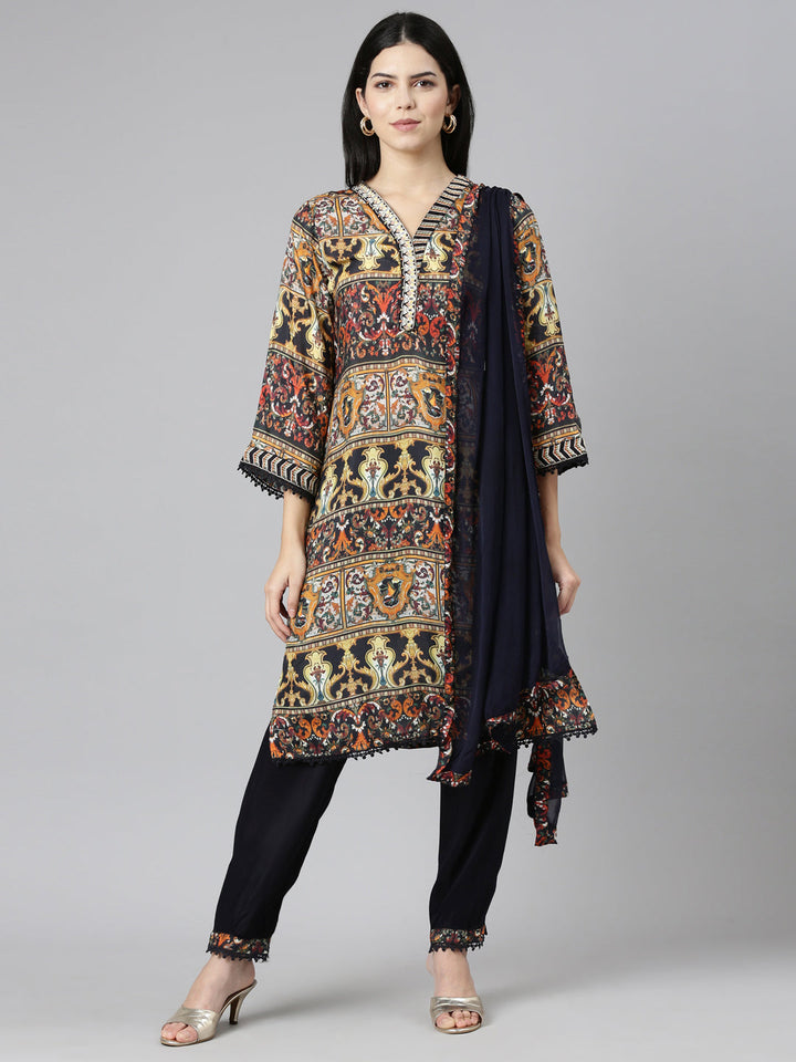 Neerus Multi printed straight kurta set with trouser and dupatta - detail view 2