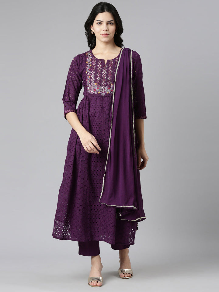 Neerus Purple embroidered straight kurta set with dupatta - front view