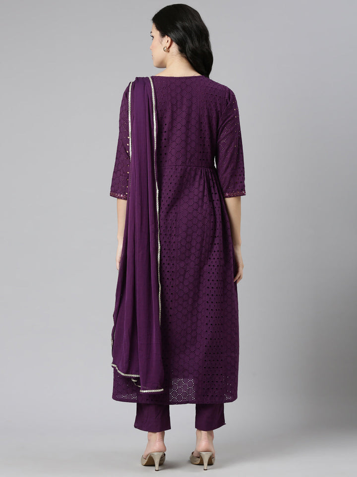 Neerus Purple embroidered straight kurta set with dupatta - side view