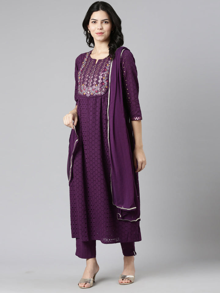 Neerus Purple embroidered straight kurta set with dupatta - detail view 2