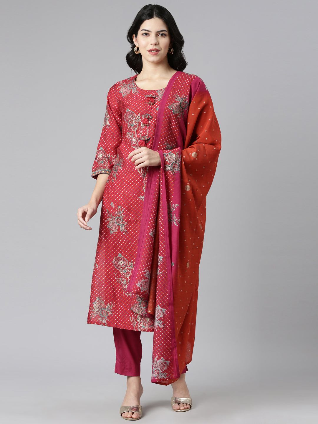 Neerus Red printed straight kurta set with dupatta - front view