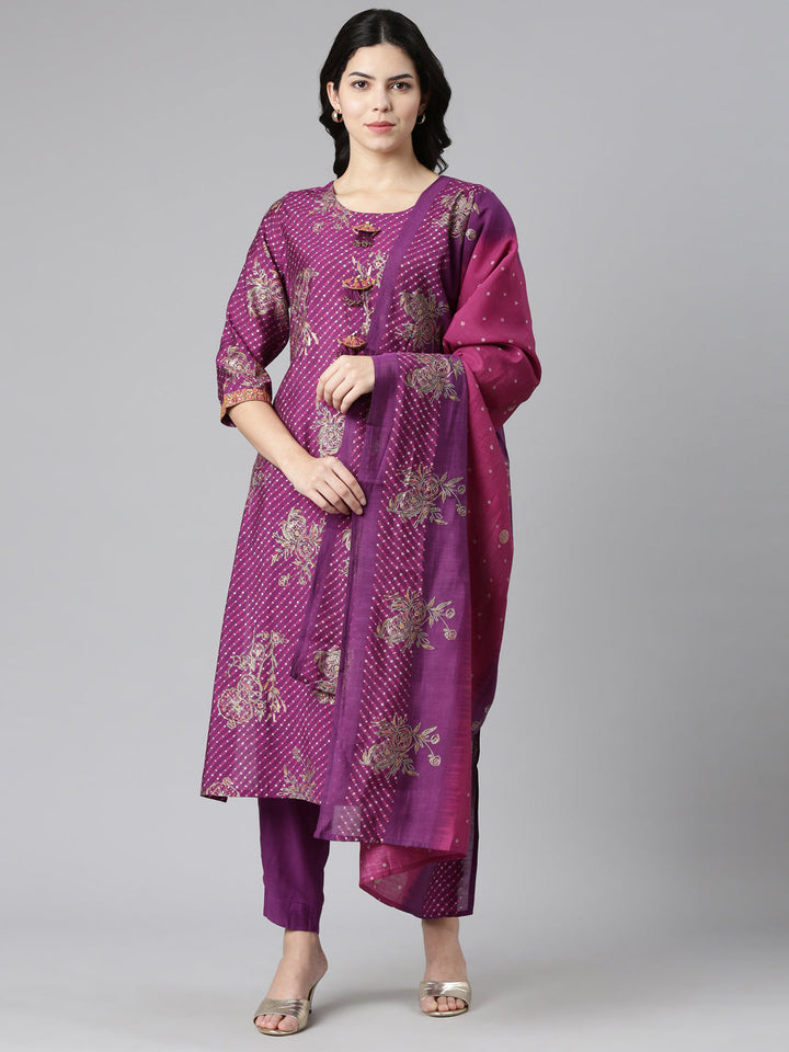 Neerus Purple printed straight kurta set with dupatta - front view