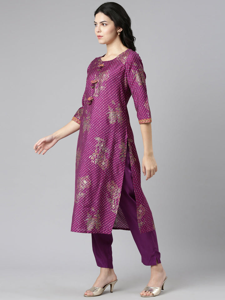 Neerus Purple printed straight kurta set with dupatta - back view