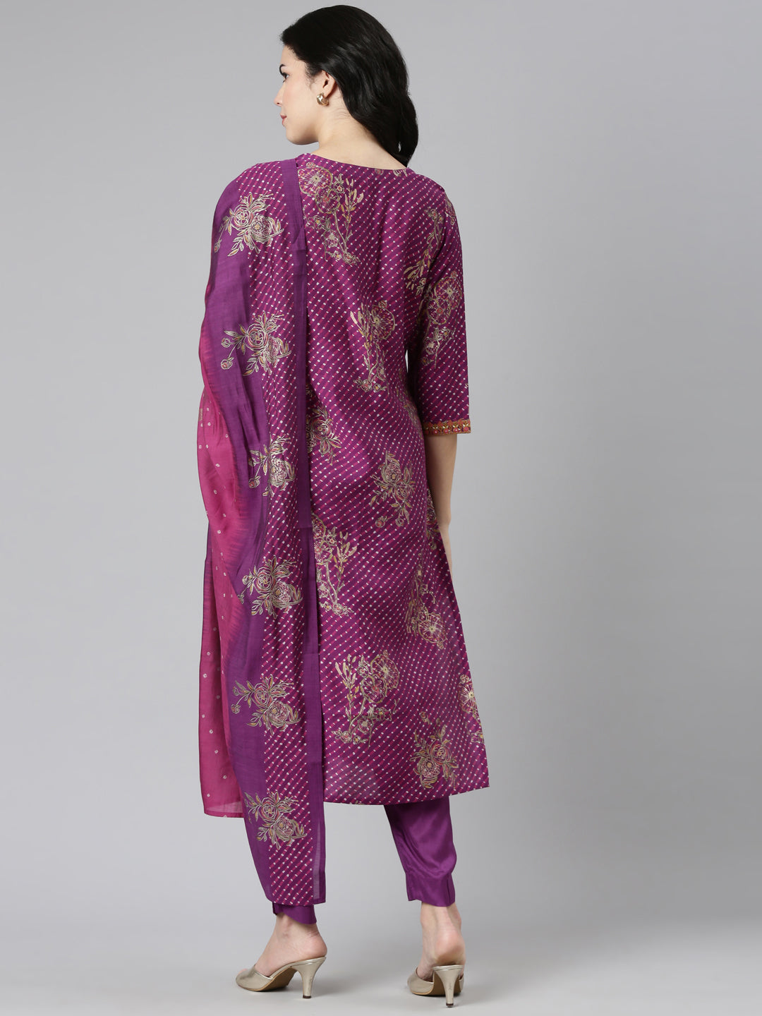 Neerus Purple printed straight kurta set with dupatta - side view
