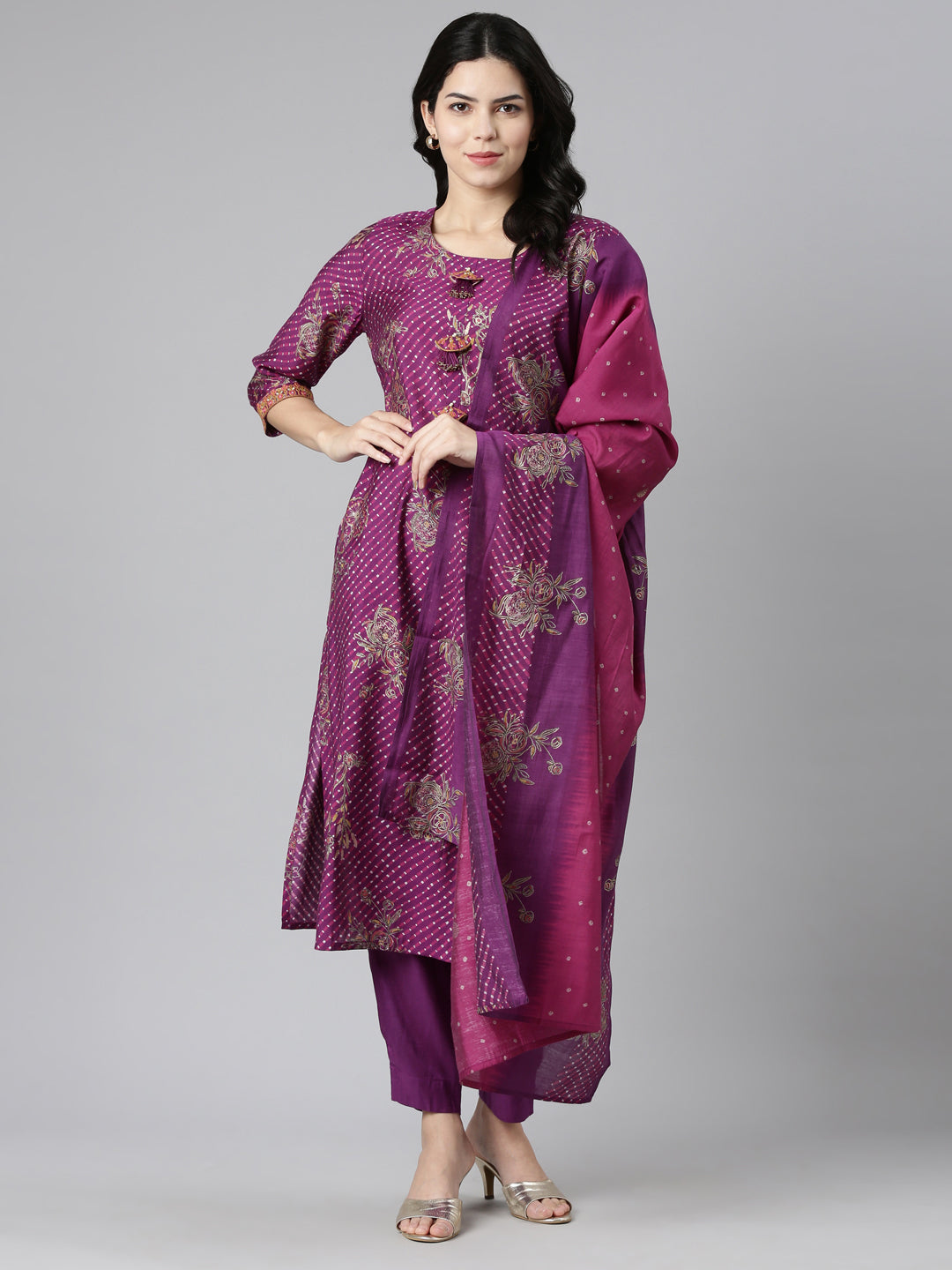 Neerus Purple printed straight kurta set with dupatta - detail view 2