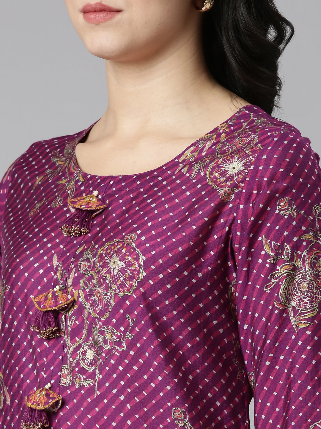 Neerus Purple printed straight kurta set with dupatta - detail view 1