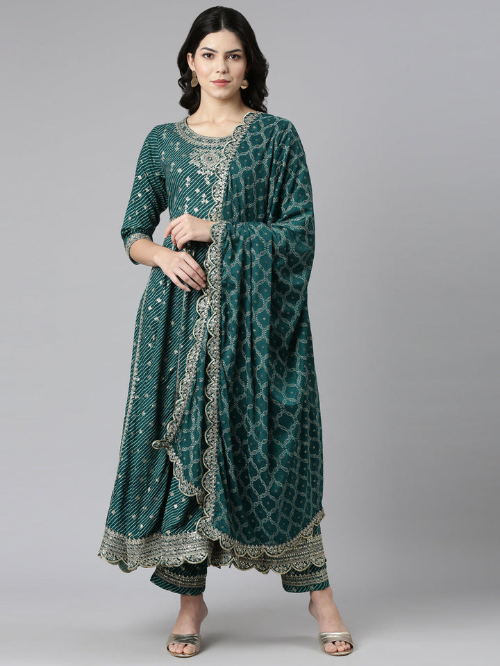 Neerus Green embroidered straight kurta set - front view