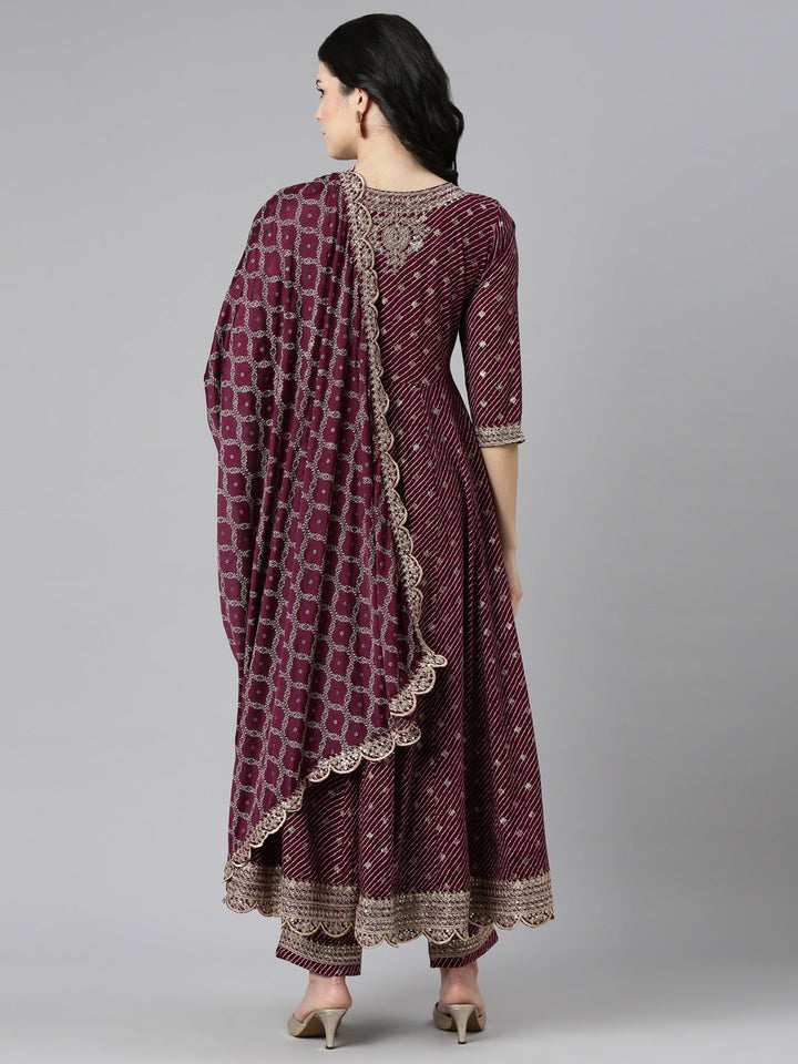 Neerus Purple embroidered straight kurta set with dupatta - detail view 1