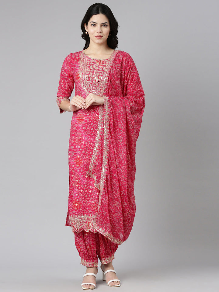 Neerus Pink printed straight kurta set with dupatta - front view