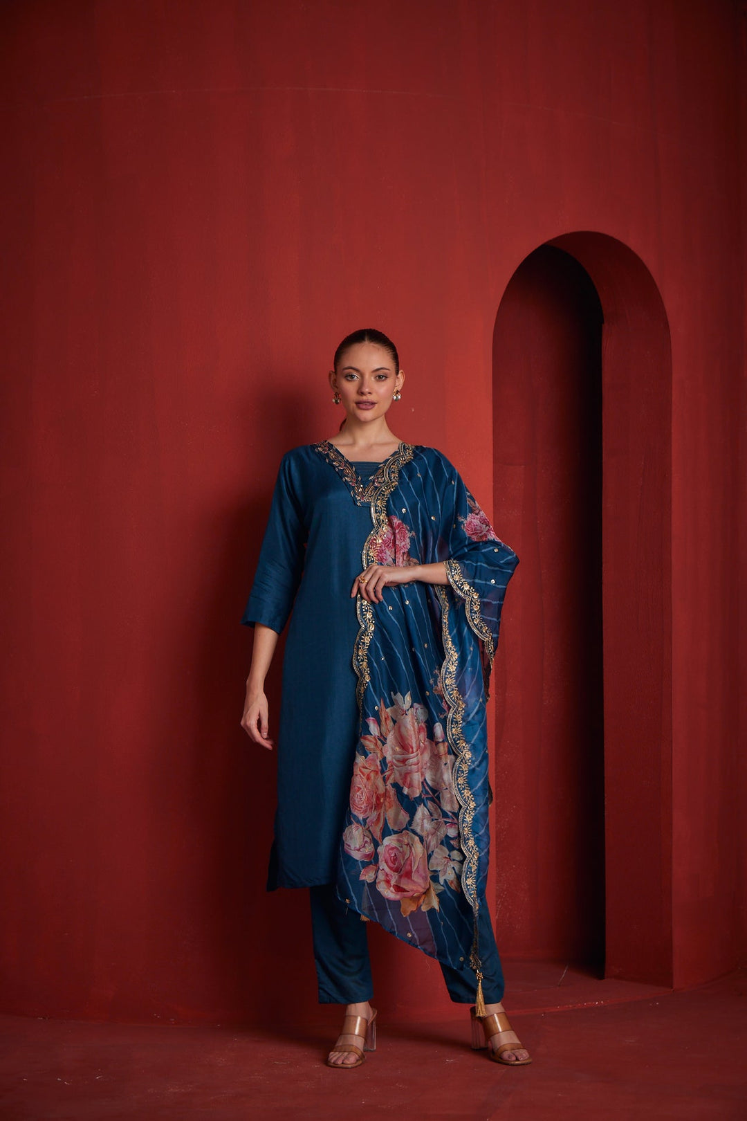 Neerus Blue solid straight kurta set with trouser and dupatta - front view
