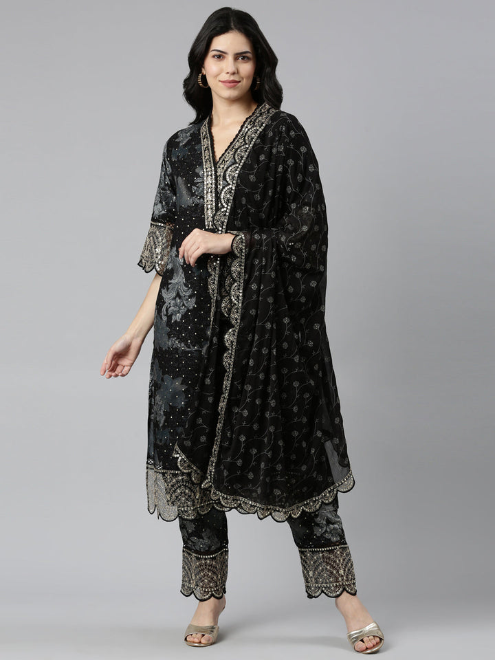 Neerus Black printed straight kurta set with dupatta - front view