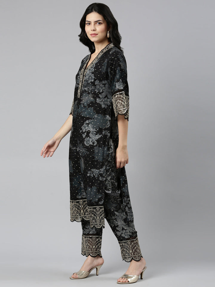 Neerus Black printed straight kurta set with dupatta - back view