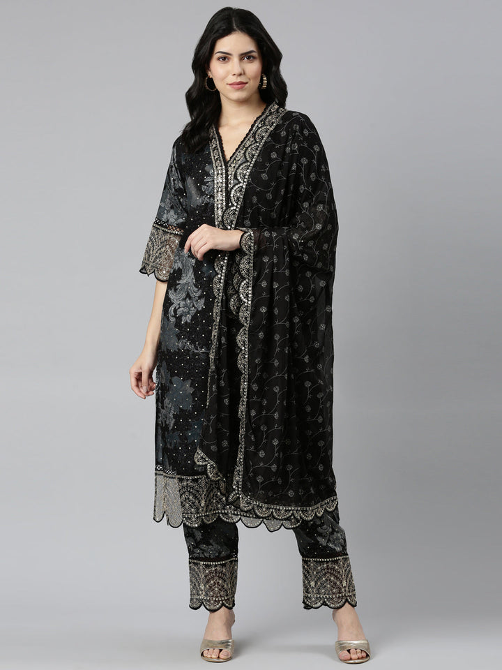 Neerus Black printed straight kurta set with dupatta - detail view 2
