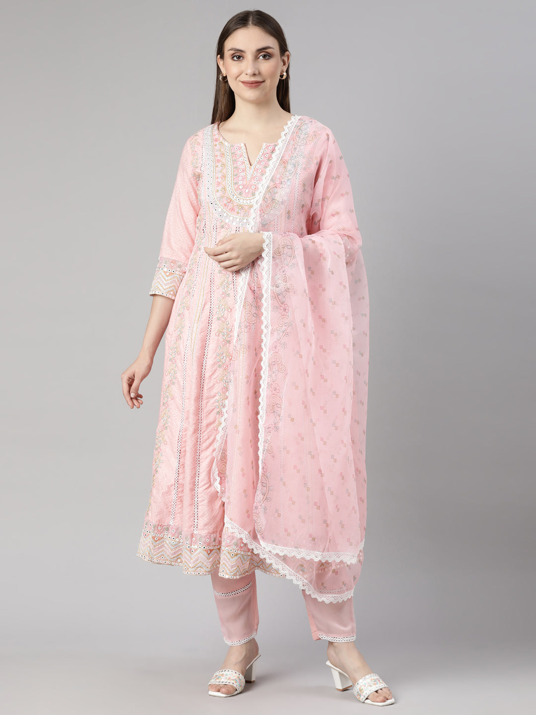 Neerus Pink Georgette printed floral suit set - front view