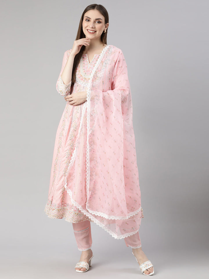 Neerus Pink Georgette printed floral suit set - detail view 1