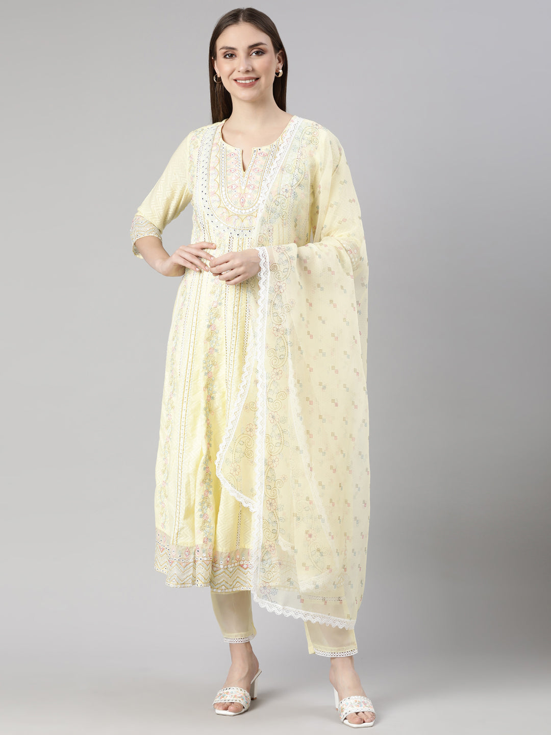 Neerus Yellow printed floral flared suit set - front view