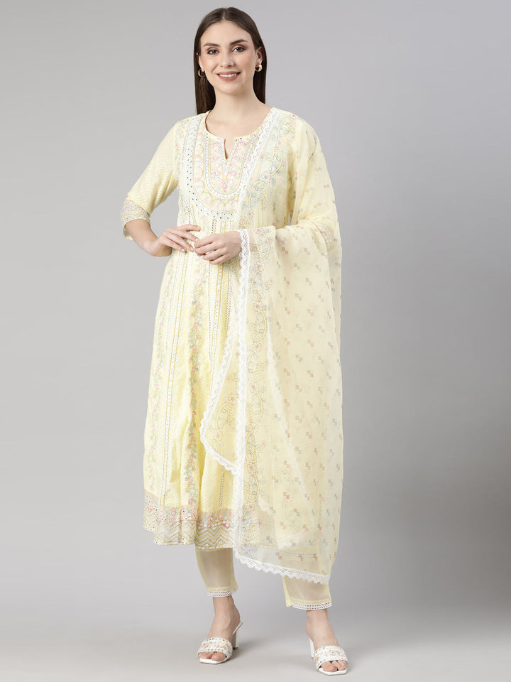 Neerus Yellow printed floral flared suit set - front view