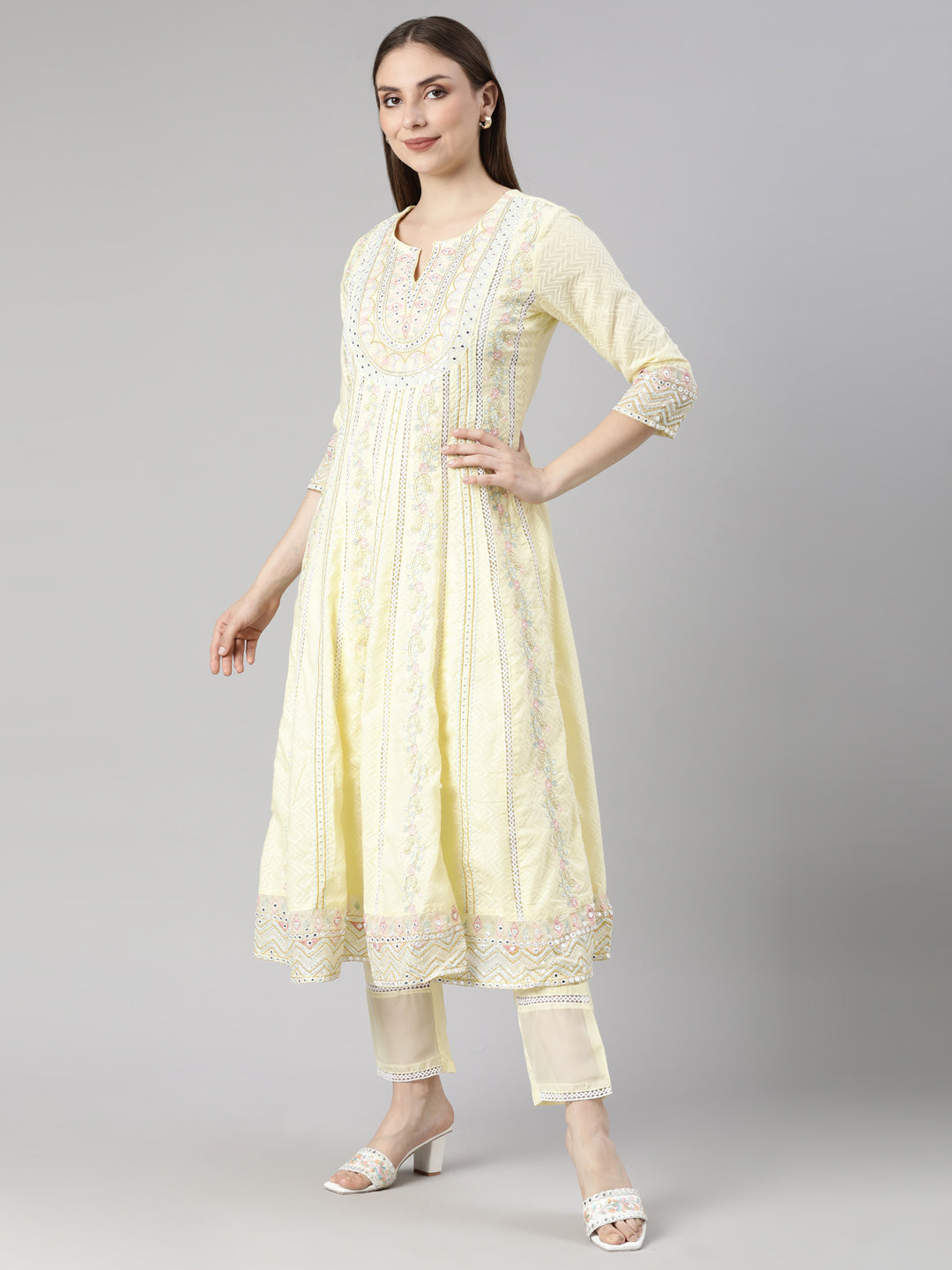 Neerus Yellow printed floral flared suit set - back view