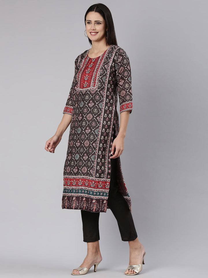 Neerus Brown printed straight kurta set - back view