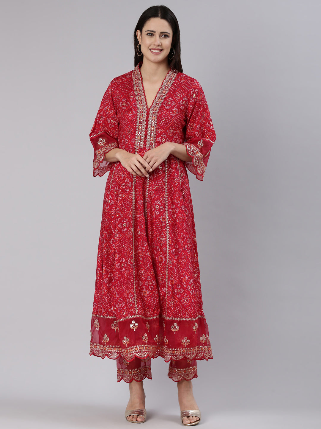 Neerus Red printed straight kurta set with trouser - front view