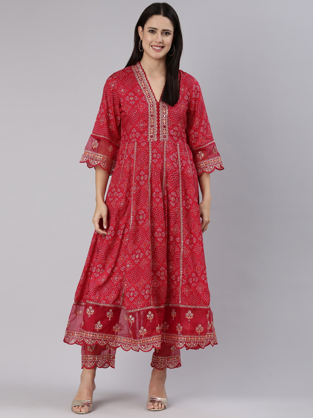Neerus Red printed straight kurta set with trouser - detail view 2