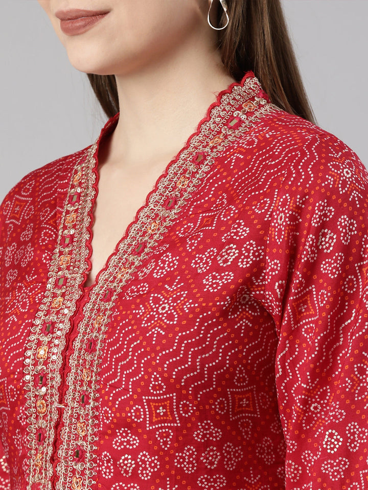 Neerus Pink Bandhani Printed Flared Suit Set - detail view 4