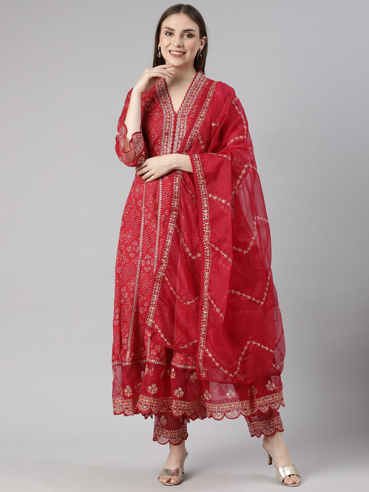 Neerus Pink Bandhani Printed Flared Suit Set - front view