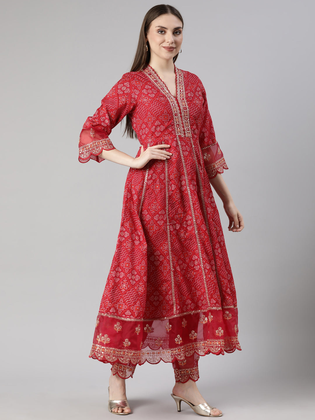 Neerus Pink Bandhani Printed Flared Suit Set - back view