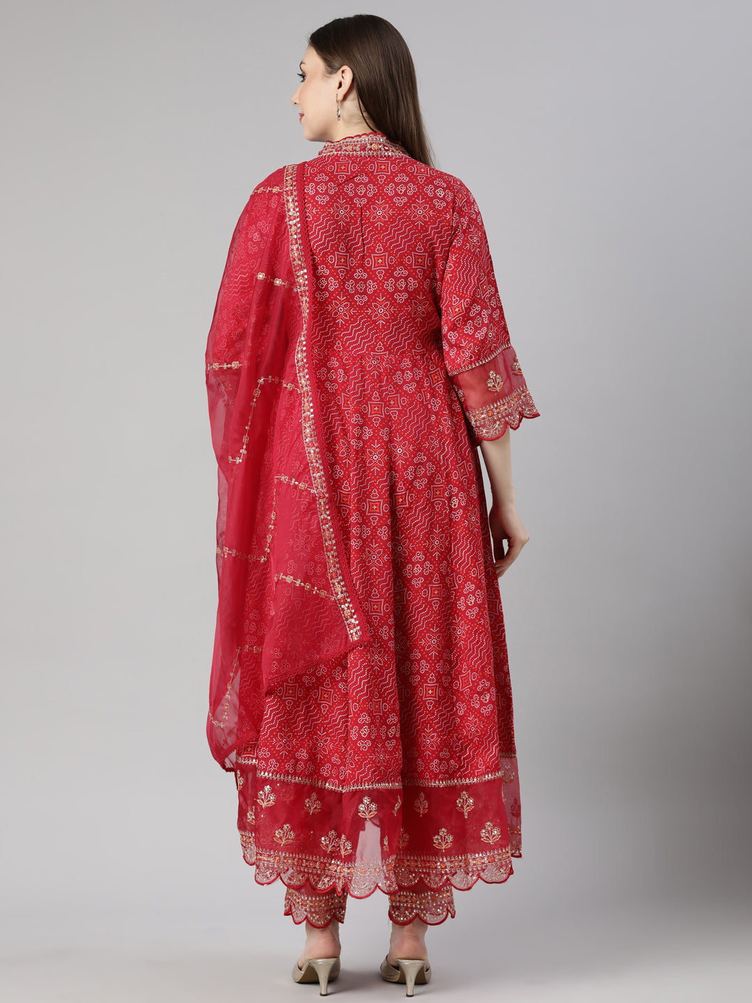 Neerus Pink Bandhani Printed Flared Suit Set - side view