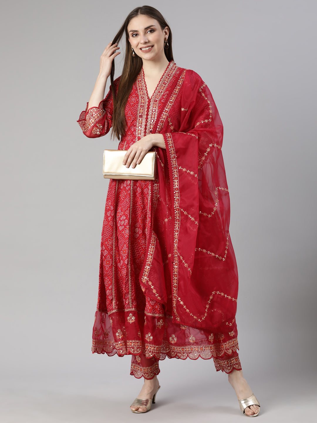 Neerus Pink Bandhani Printed Flared Suit Set - detail view 1