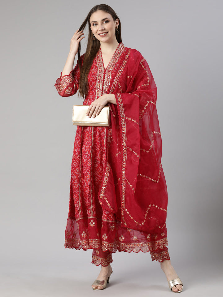 Neerus Pink Bandhani Printed Flared Suit Set - detail view 1