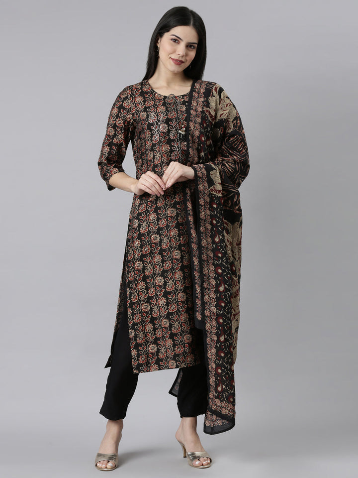 Neerus Black solid straight kurta set readymade suit - front view