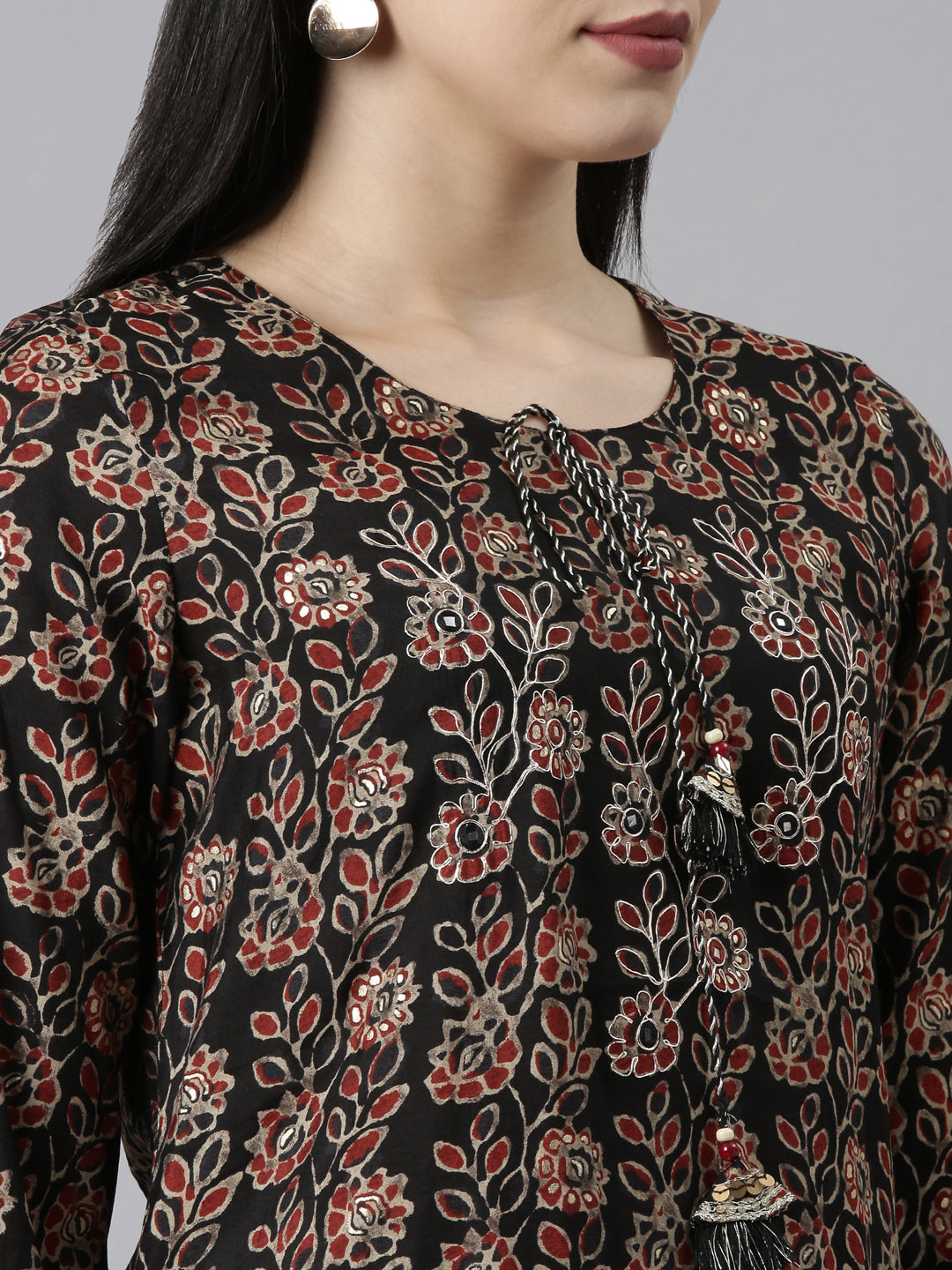 Neerus Black solid straight kurta set readymade suit - detail view 1