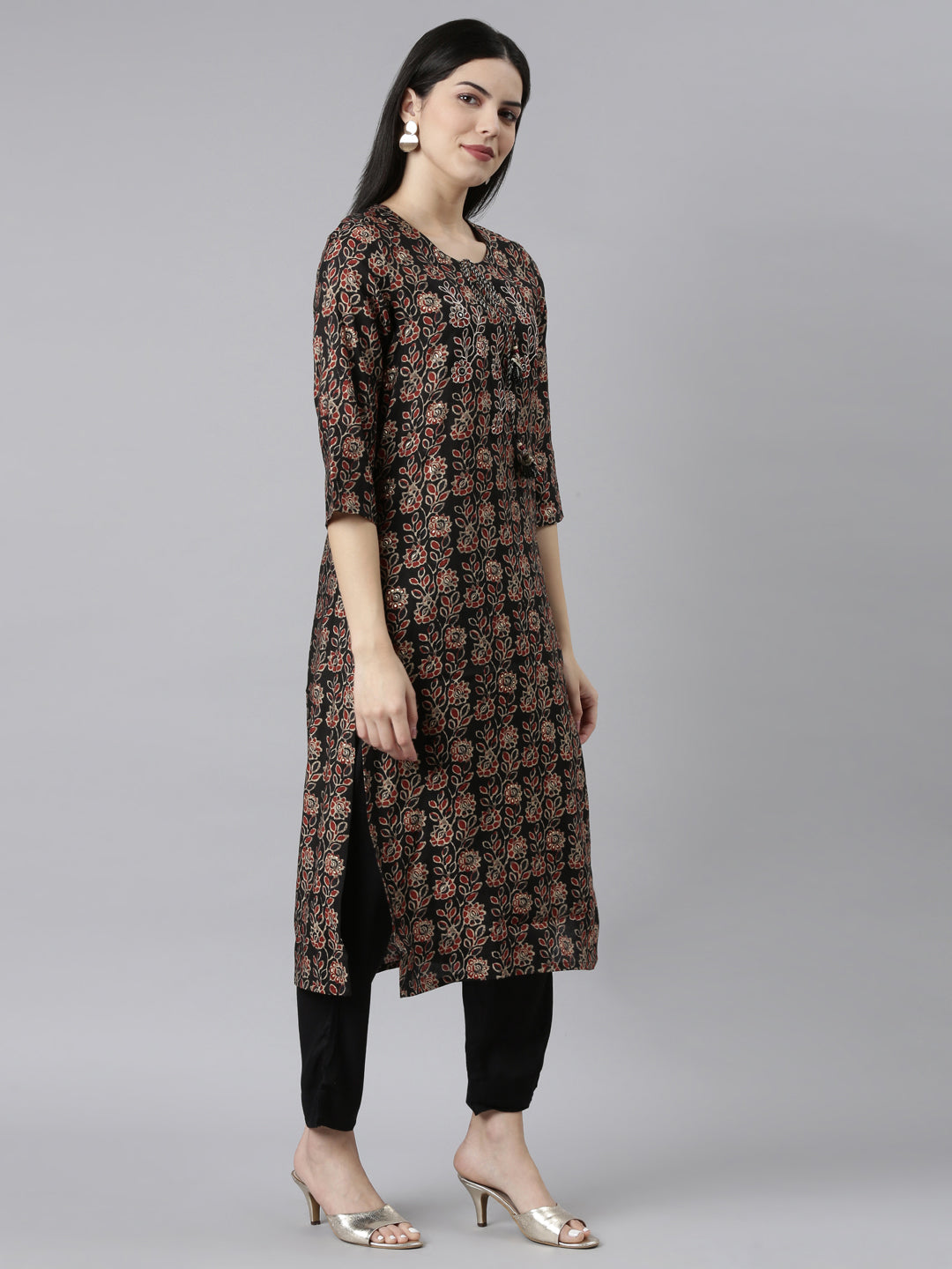 Neerus Black solid straight kurta set readymade suit - back view