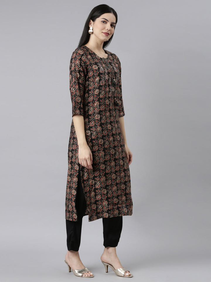 Neerus Black solid straight kurta set readymade suit - back view