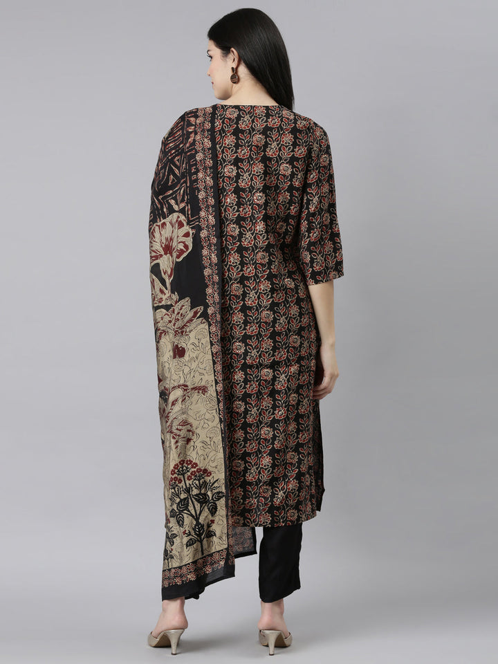 Neerus Black solid straight kurta set readymade suit - side view