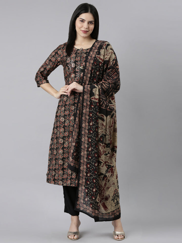 Neerus Black solid straight kurta set readymade suit - detail view 2