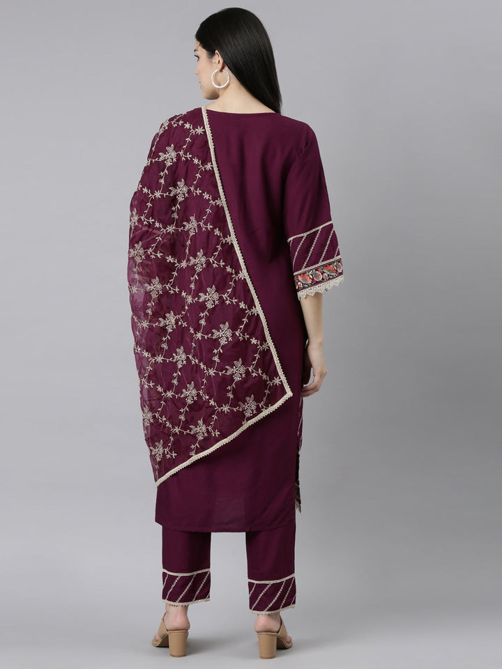 Neerus Purple floral printed kurta set with trouser and dupatta - side view