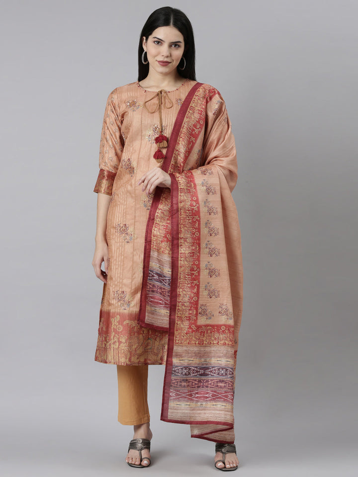Neerus Orange printed floral kurta set with trousers and dupatta - front view
