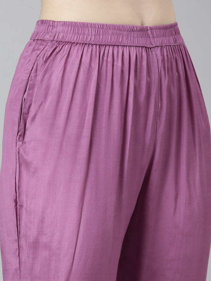 Neerus Purple printed floral kurta set with trouser and dupatta - detail view 3