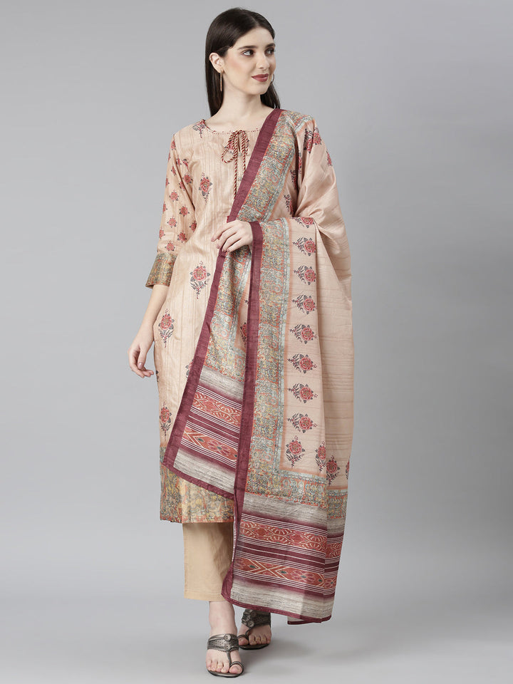 Neerus Beige Rayon Printed Suit Set - front view