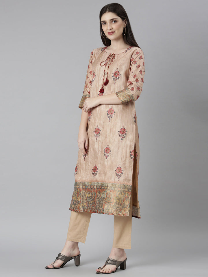 Neerus Beige Rayon Printed Suit Set - back view