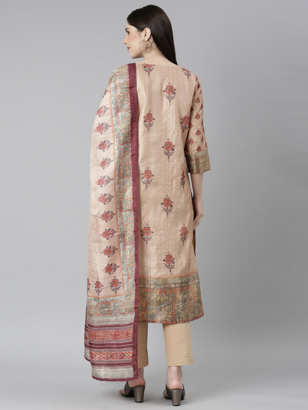 Neerus Beige Rayon Printed Suit Set - side view