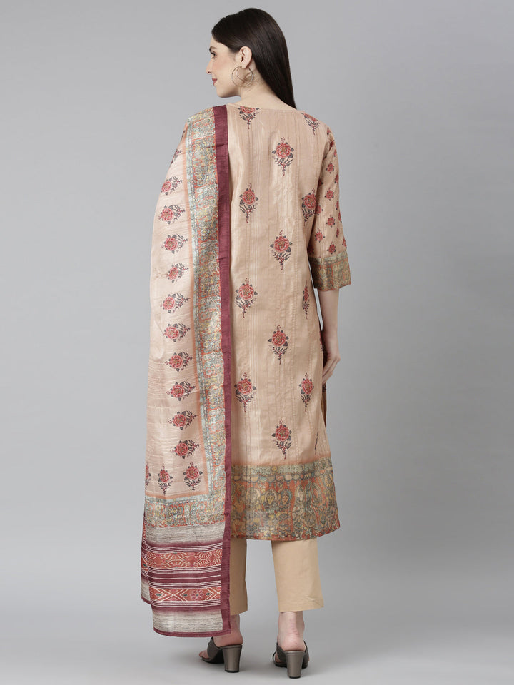Neerus Beige Rayon Printed Suit Set - side view