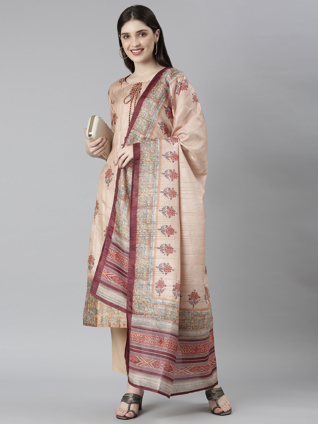 Neerus Beige Rayon Printed Suit Set - detail view 2