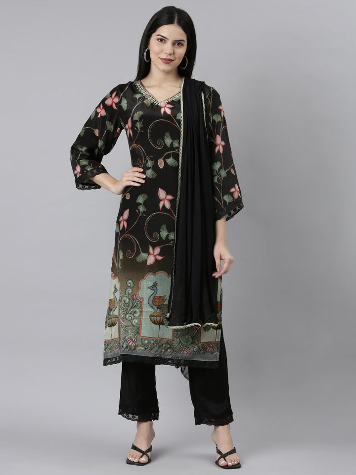 Neerus Black printed floral kurta set with trouser and dupatta - front view