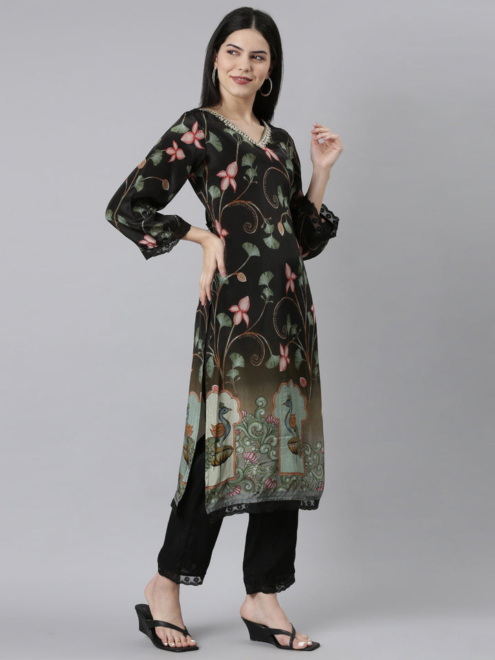 Neerus Black printed floral kurta set with trouser and dupatta - back view
