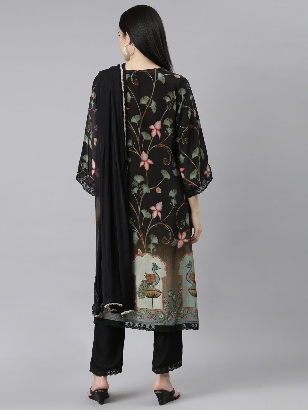 Neerus Black printed floral kurta set with trouser and dupatta - side view